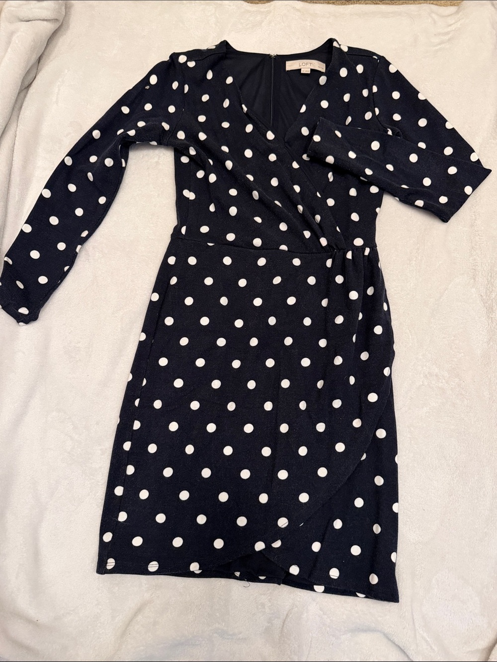 LOFT Navy and White Polka Dot Long Sleeve Wrap Dress